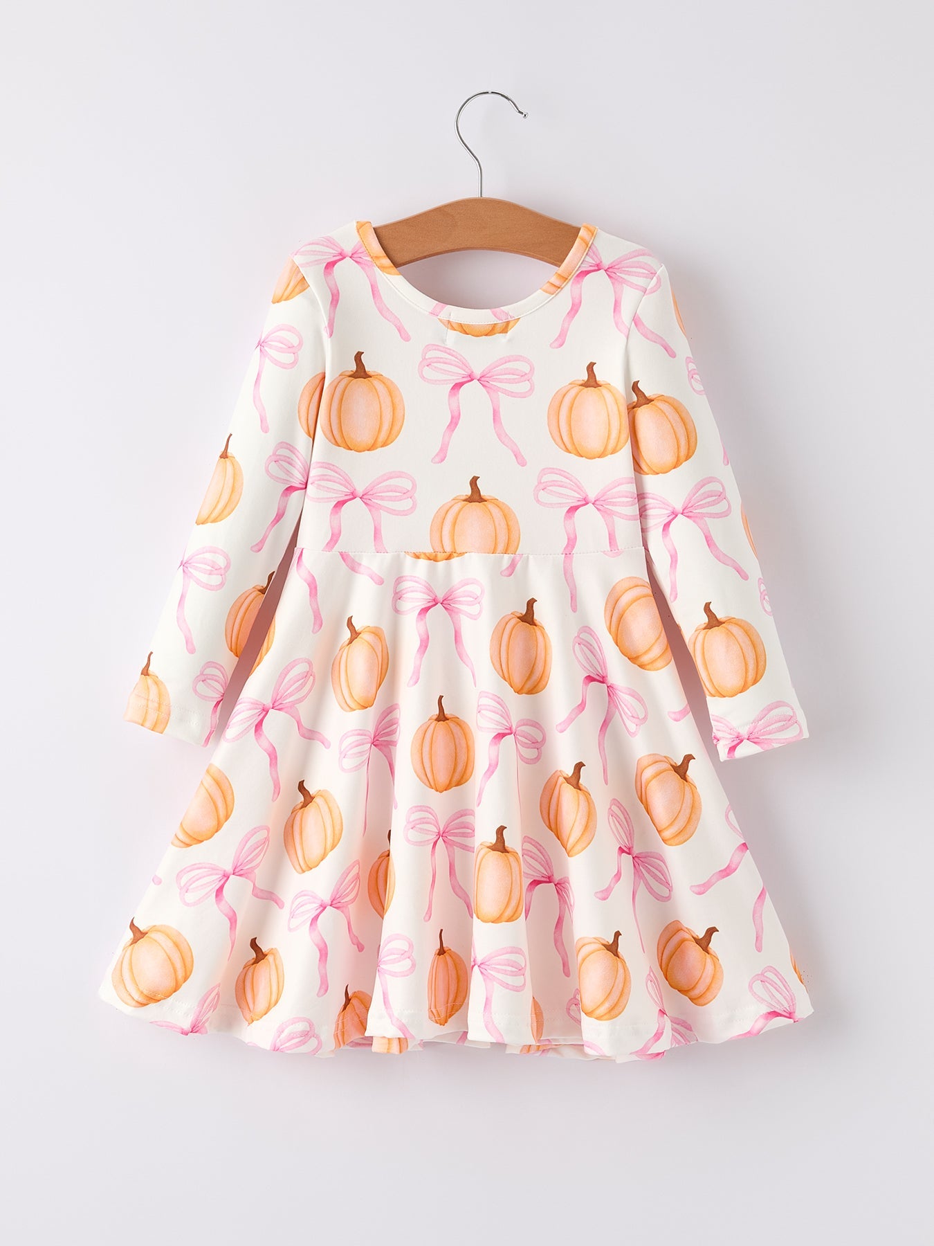 PREORDER Fall Halloween & Thanksgiving Pumpkin Bow Print Long Sleeve Dress