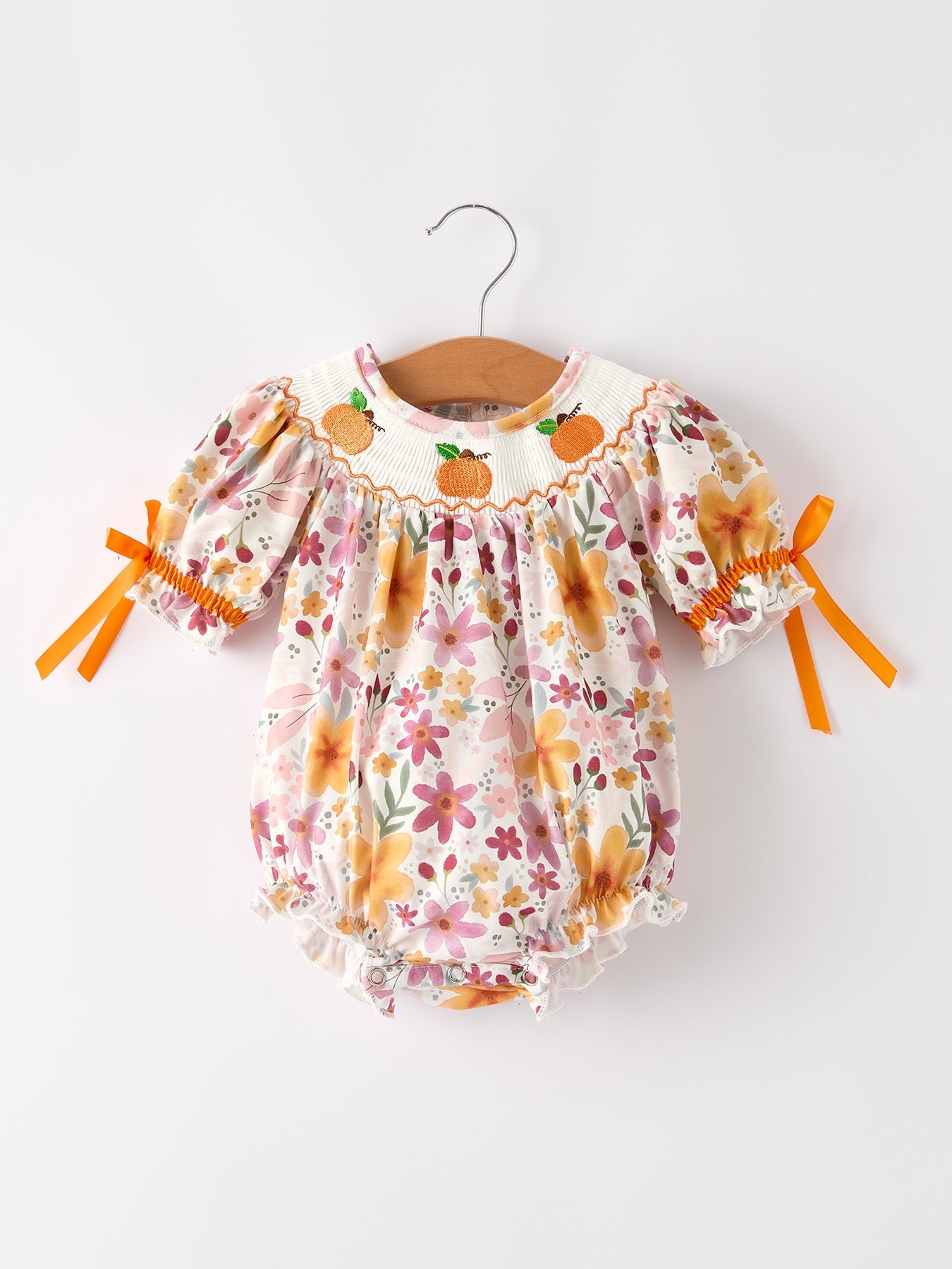 Halloween & Thanksgiving Pumpkin Embroidery Smock Floral Baby Girl Romper