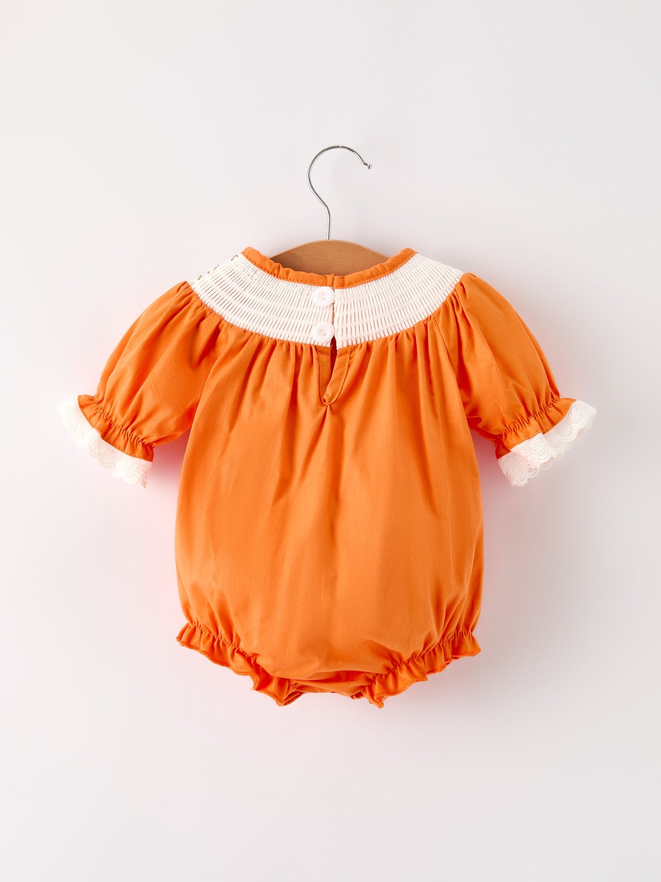 Fall Thanksgiving & Halloween Orange Pumpkin Smock Embroidery Lace Baby Girl Romper
