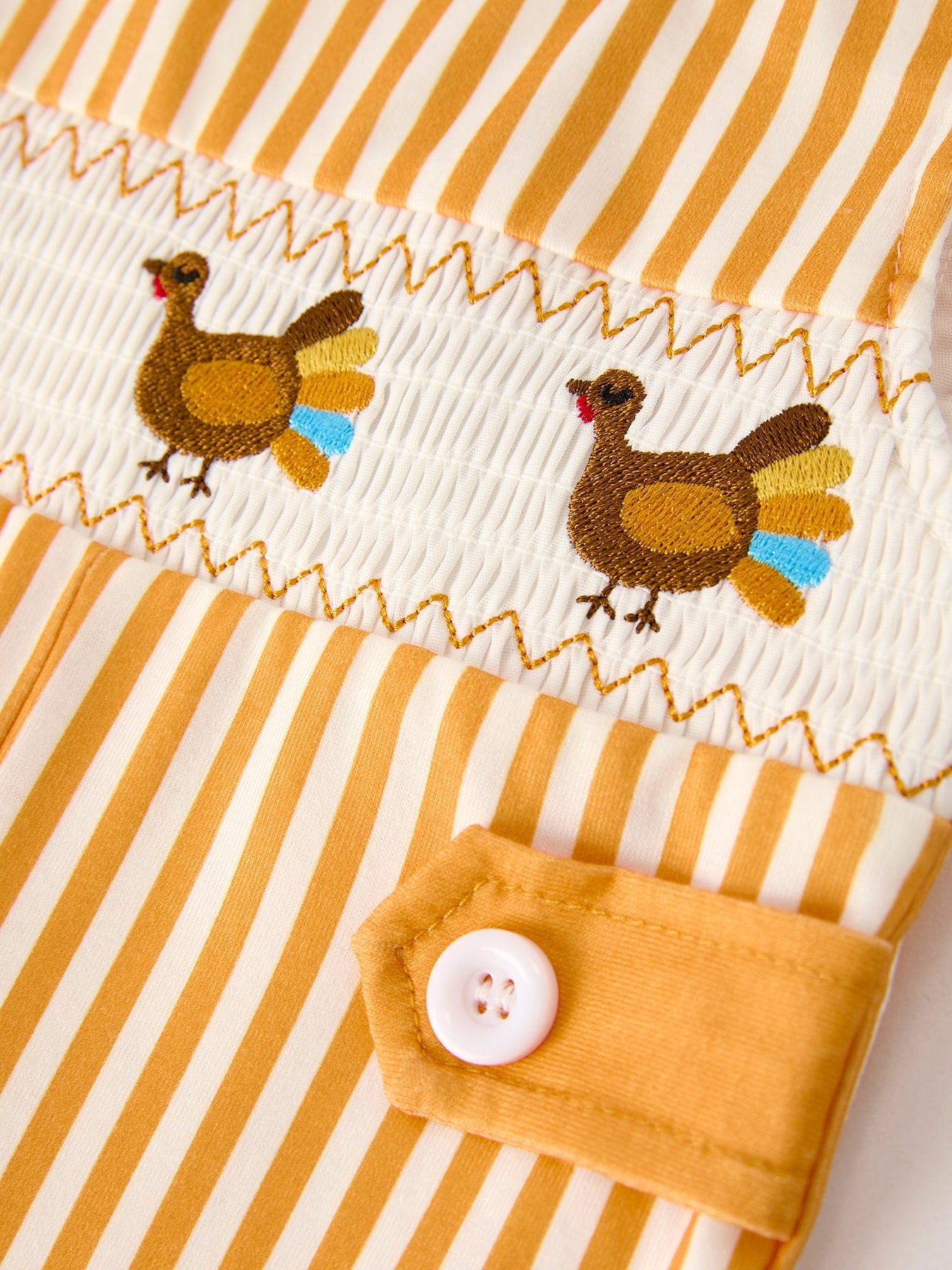 Fall Thanksgiving Turkey Smock Embroidered Orange Stripes Boys Romper
