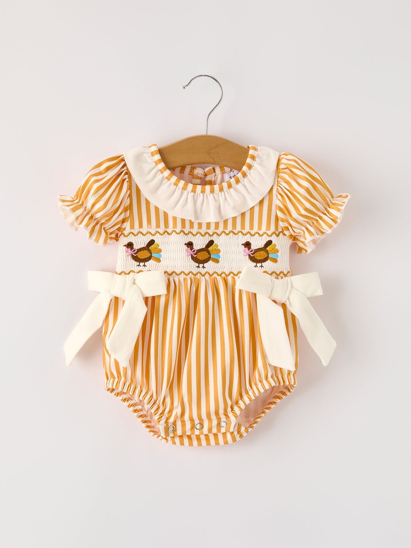 Fall Thanksgiving Turkey Smock Embroidered Orange Stripes Baby Girl Romper
