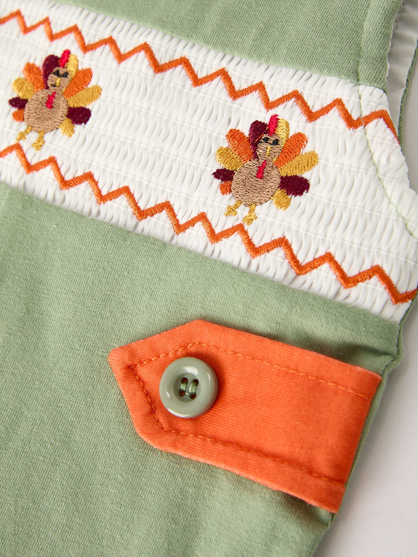 Fall Thanksgiving Turkey Smock Embroidered Green Boys Romper
