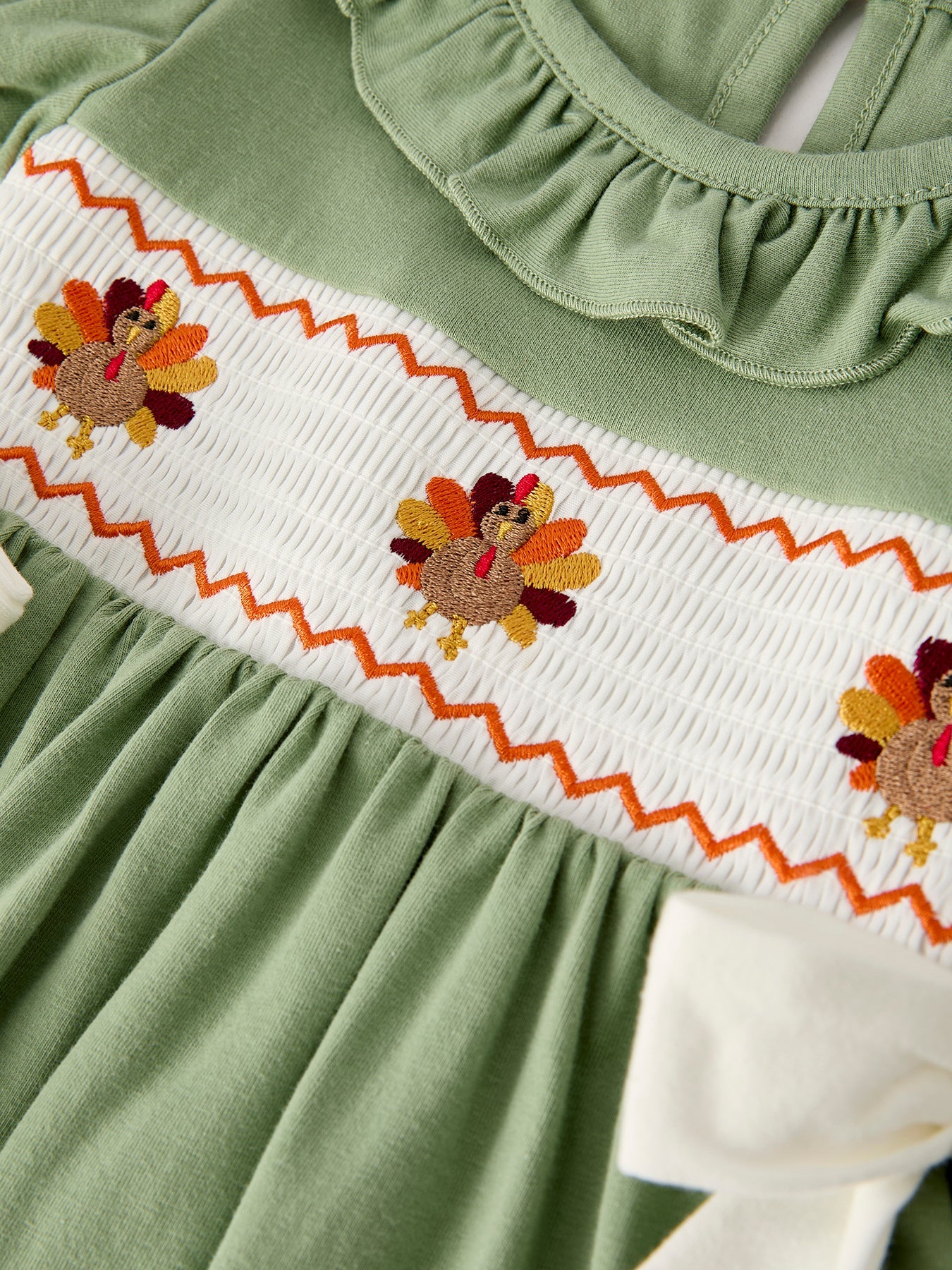 Fall Thanksgiving Turkey Smock Embroidered Green Baby Girl Dress