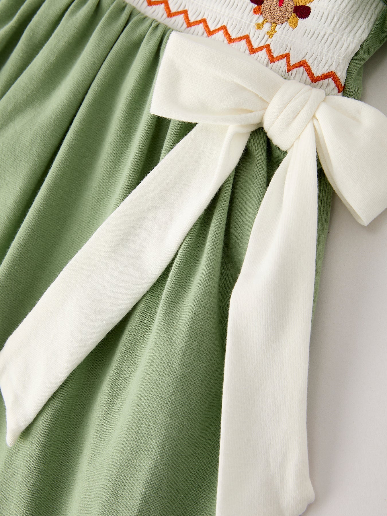 Fall Thanksgiving Turkey Smock Embroidered Green Baby Girl Dress