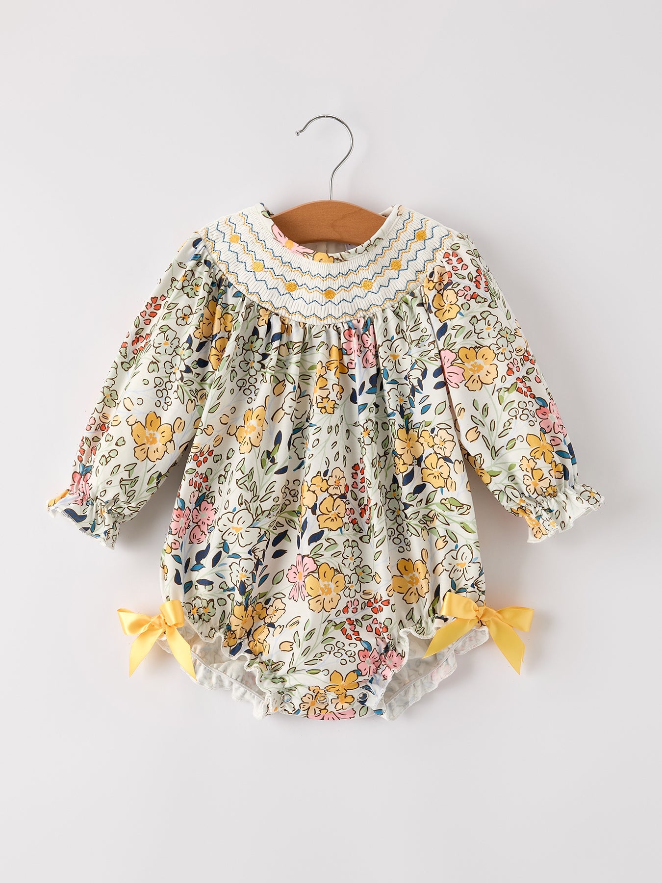 Fall Embroidery Smocking Bow Floral Leaf Baby Girls Romper