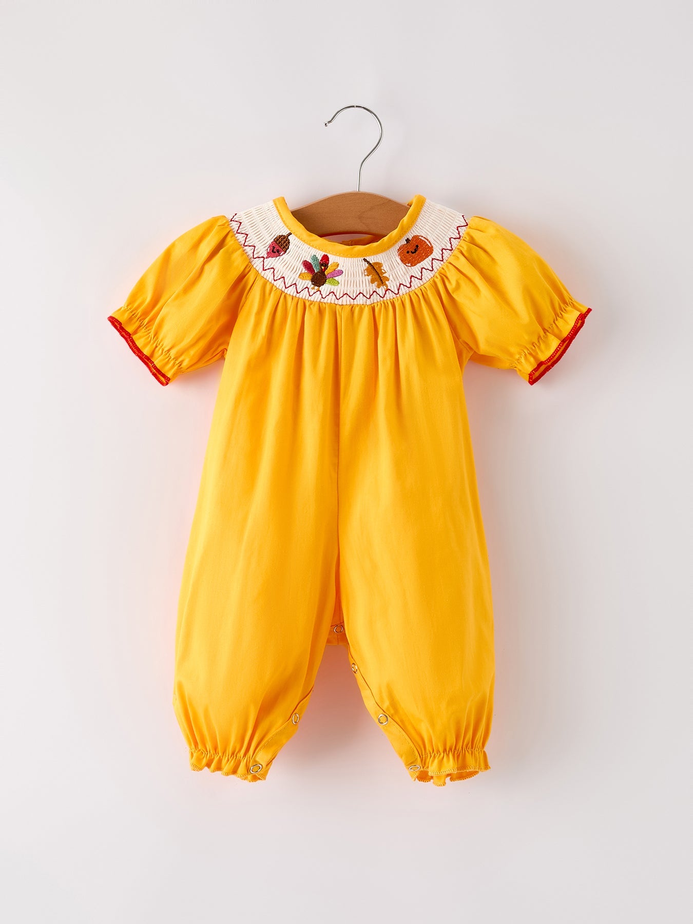 Fall Halloween & Thanksgiving Turkey Nuts Smock Embroidered Yellow Baby Girl Romper