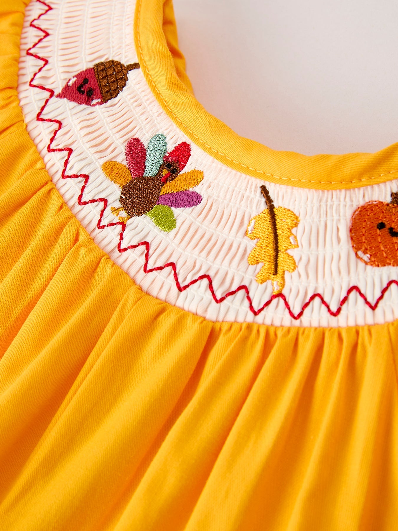 Fall Halloween & Thanksgiving Turkey Nuts Smock Embroidered Yellow Baby Girl Romper