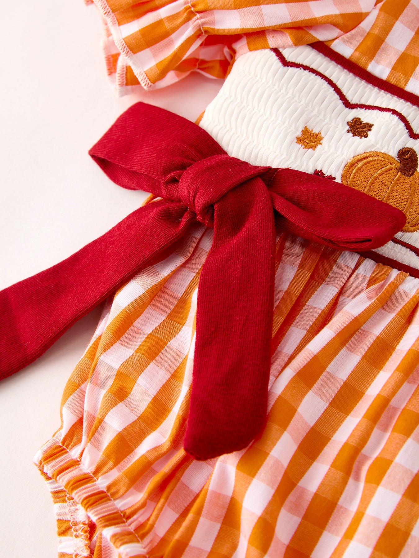 Fall Embroidered Romper for Baby Girls – Orange Checkered with Halloween Details
