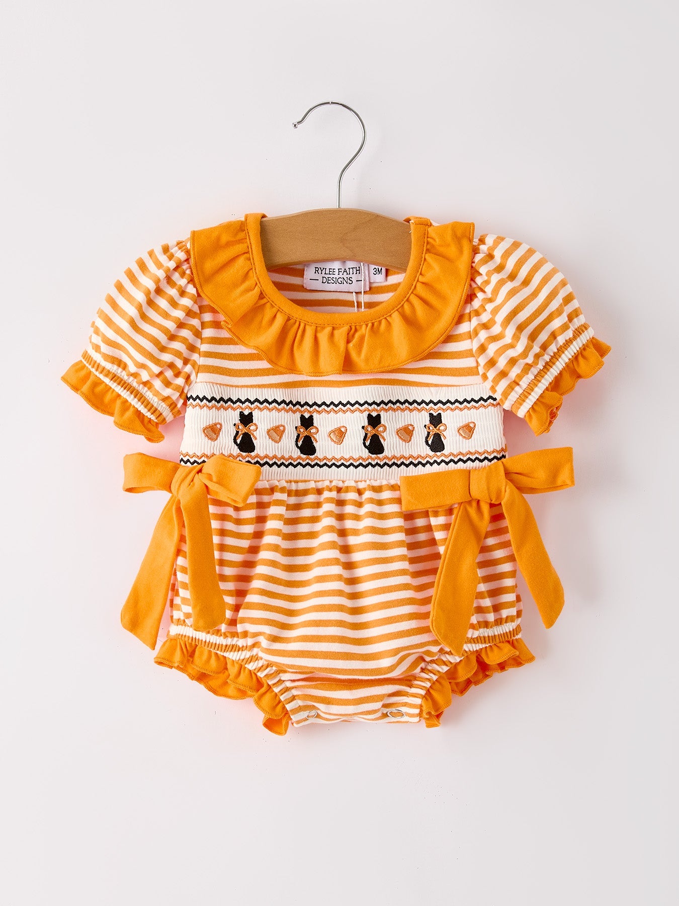 Halloween Striped Baby Girls Romper with Cat Smocking Embroidery – Perfect for Fall
