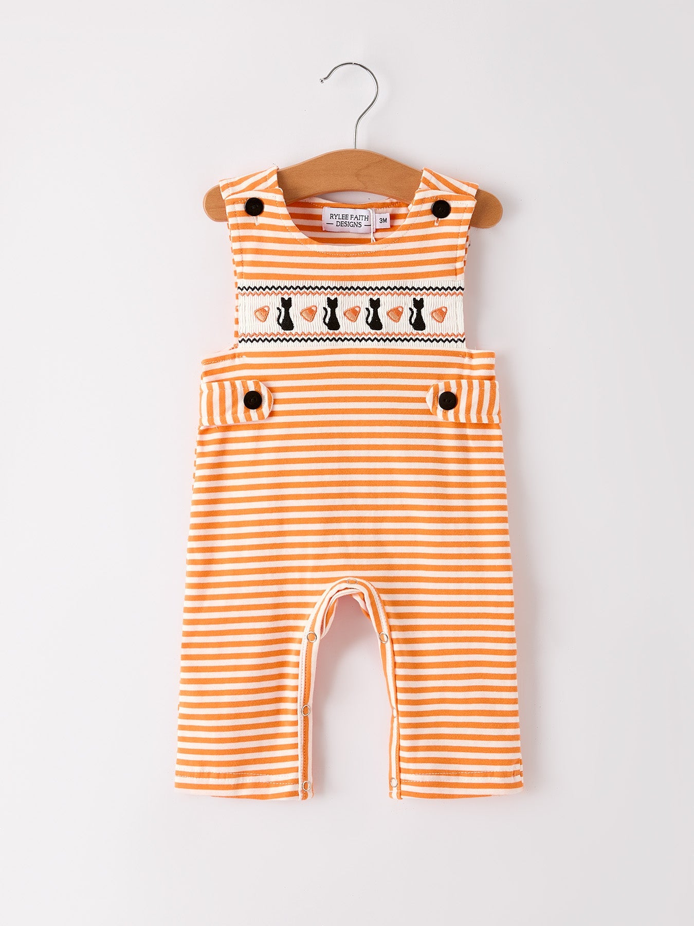 Halloween Striped Baby Boys Romper with Cat Smocking Embroidery – Perfect for Fall