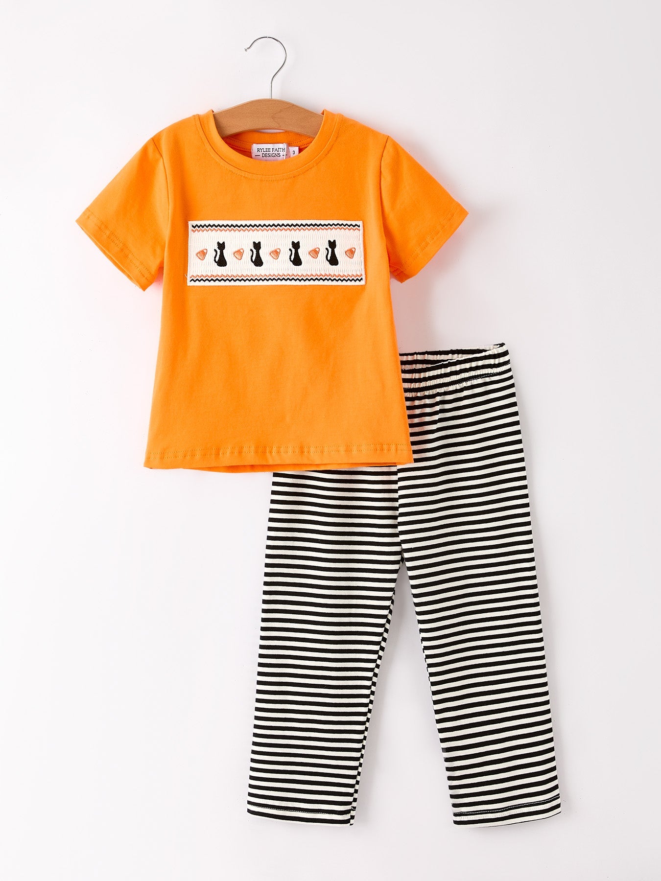 Halloween Striped Boy Set with Cat Smocking Embroidery – Perfect for Fall