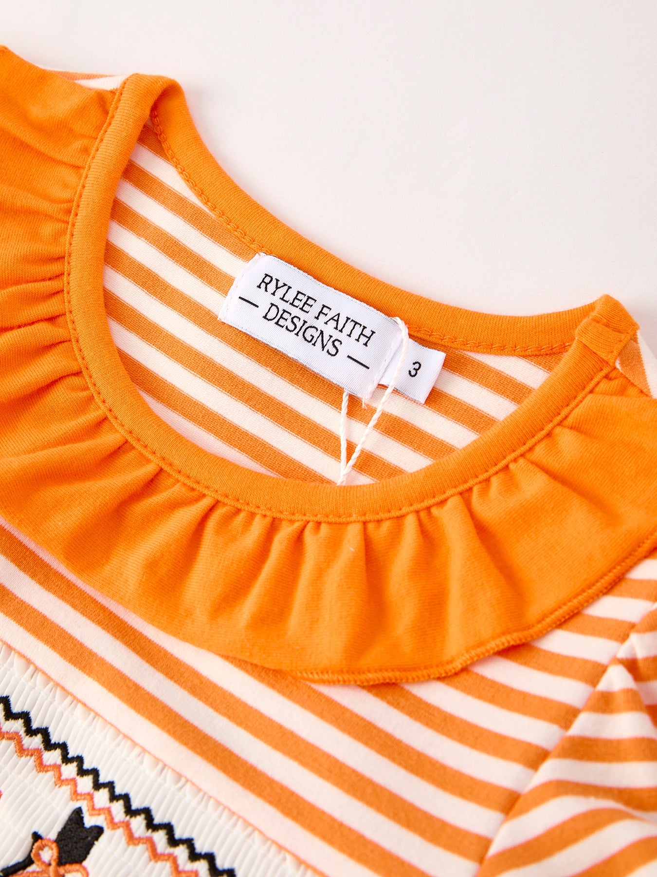 Halloween Striped Dress with Cat Smocking Embroidery – Perfect for Fall