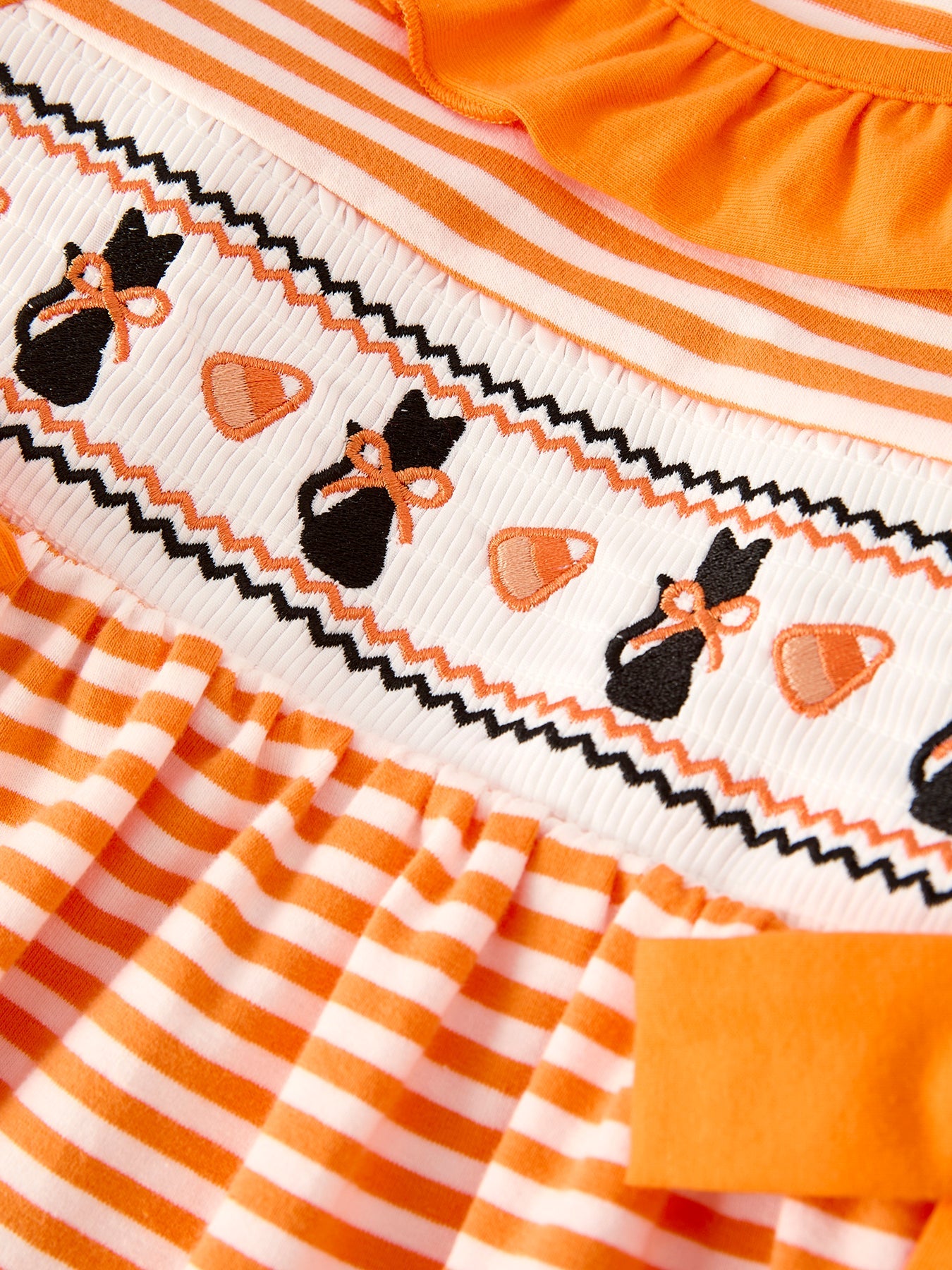 Halloween Striped Dress with Cat Smocking Embroidery – Perfect for Fall