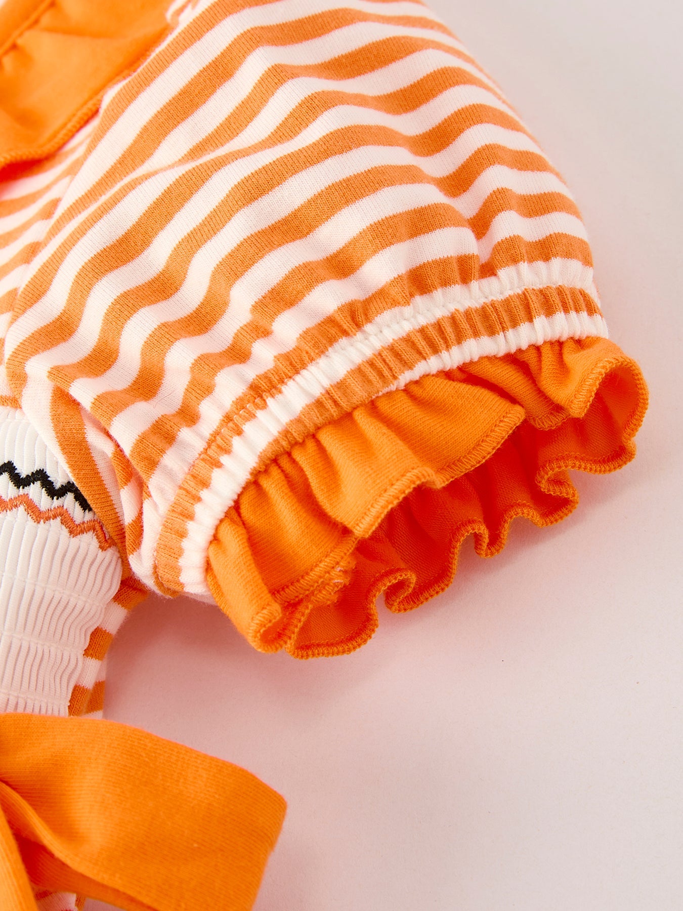 Halloween Striped Dress with Cat Smocking Embroidery – Perfect for Fall