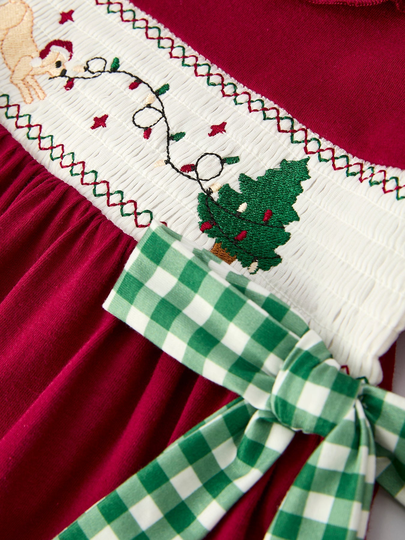 PREORDER Christmas Smocking Embroidered Girls Dress with Green Plaid Bow