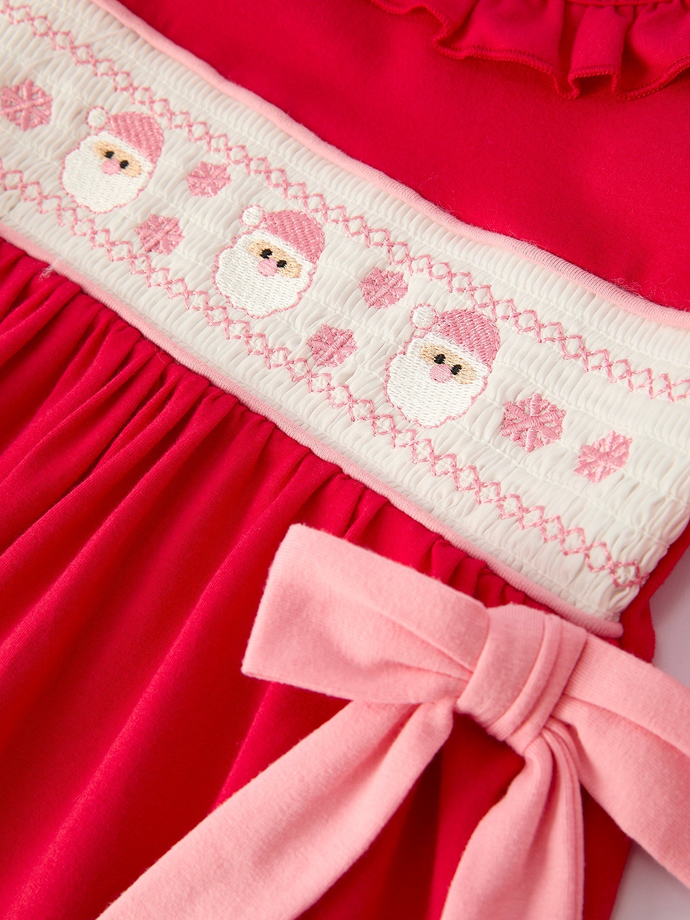 PREORDER: Christmas Smocked Embroidery Girls Dress with Pink Ribbon Ties