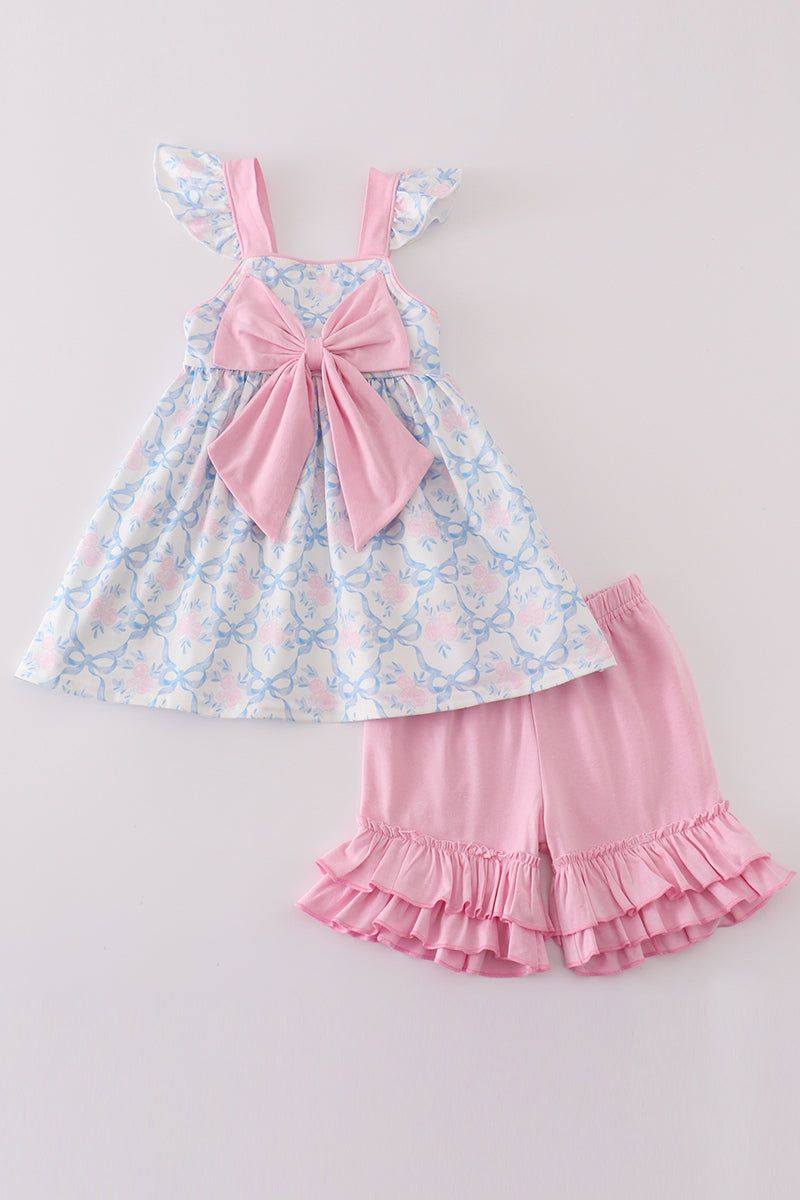 Blue Coquette & Floral Shorts Set