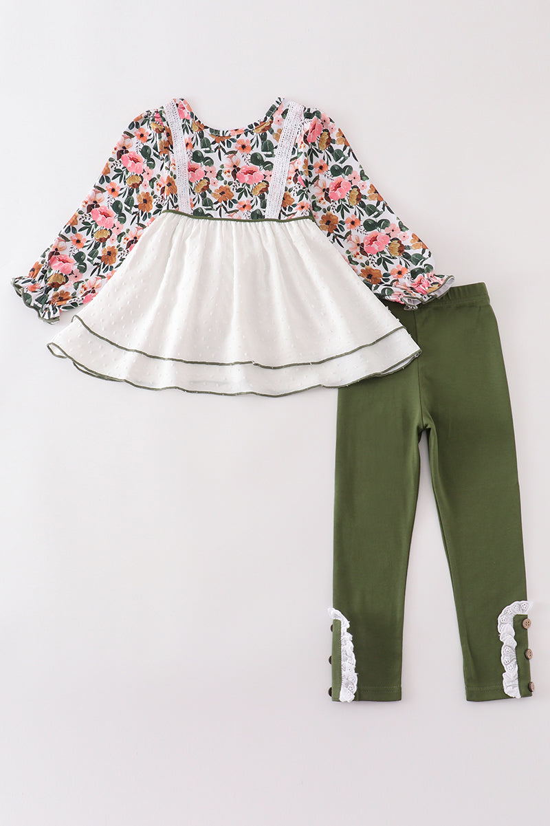 Green Floral Swiss Dot Pants Set
