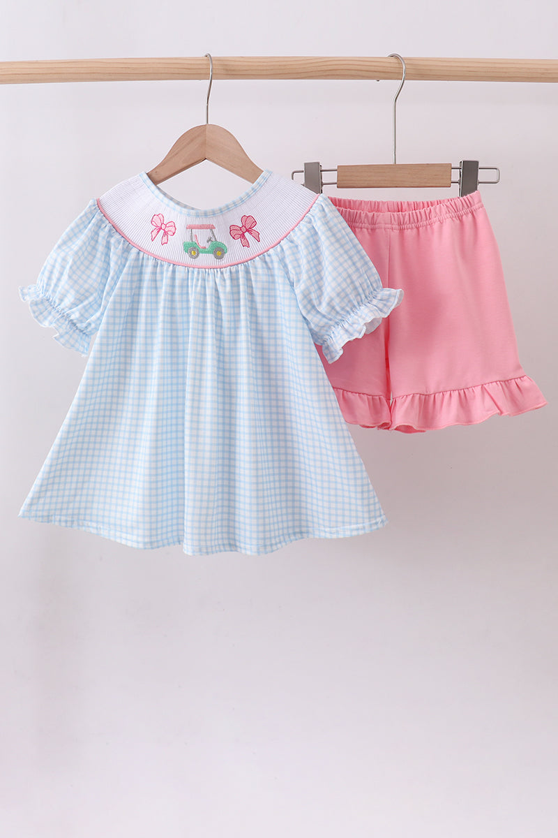 Blue golf cart smocked ruffle shorts set