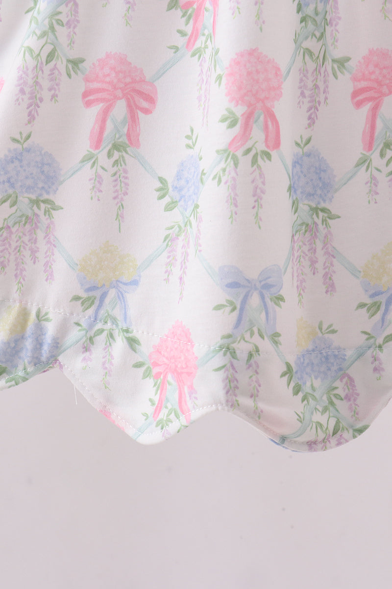 Floral print big sister smocked ruffle shorts set