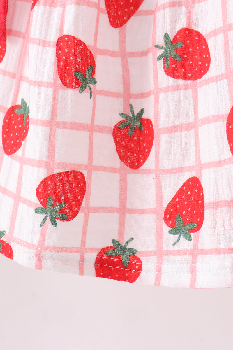 Red strawberry muslin plaid ruffle shorts set