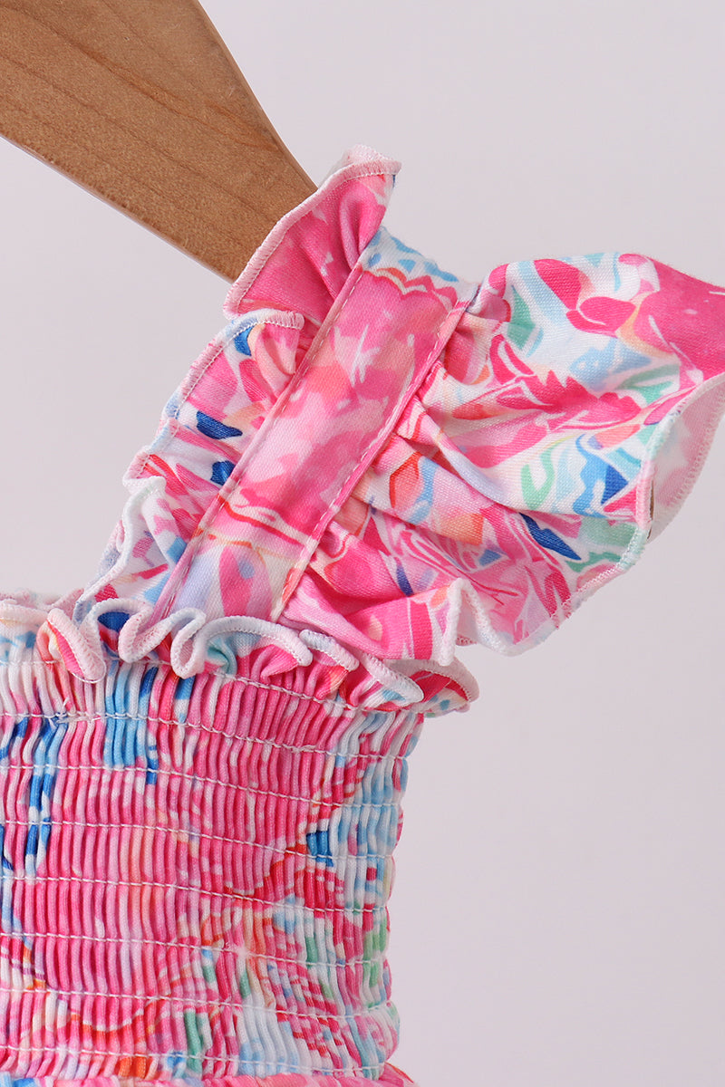 Pink floral smocked ruffle bubble