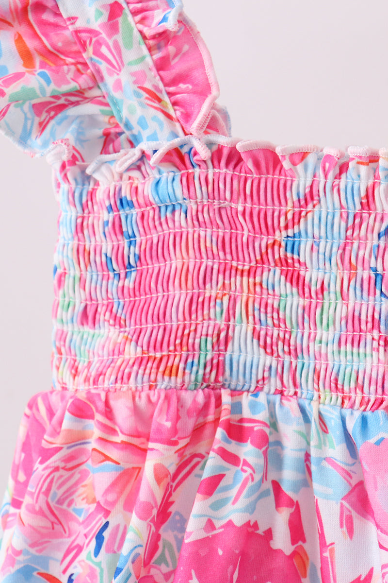 Pink floral smocked ruffle bubble