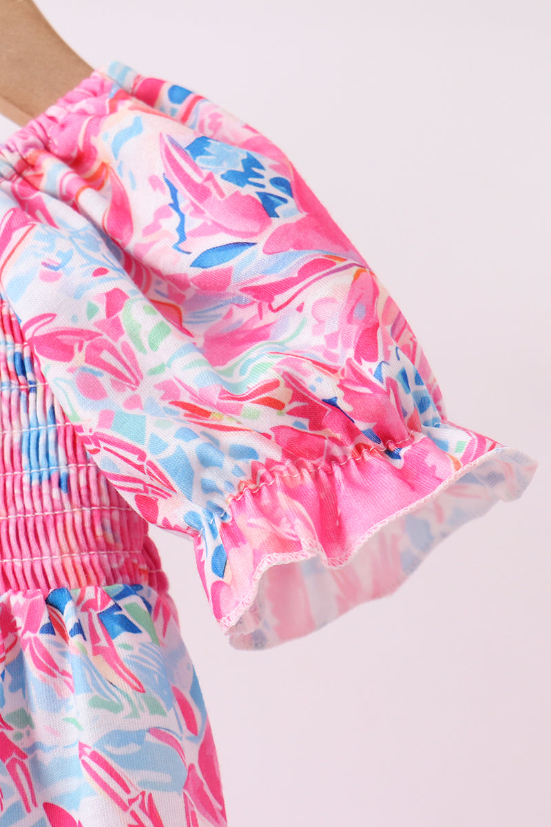 Pink floral smocked ruffle bloomer set