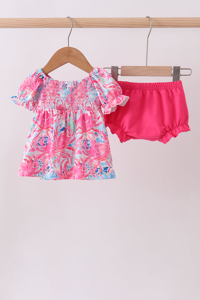 Pink floral smocked ruffle bloomer set