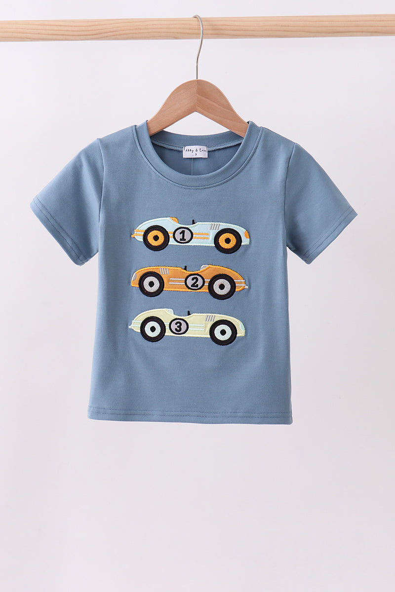Blue racing car applique top