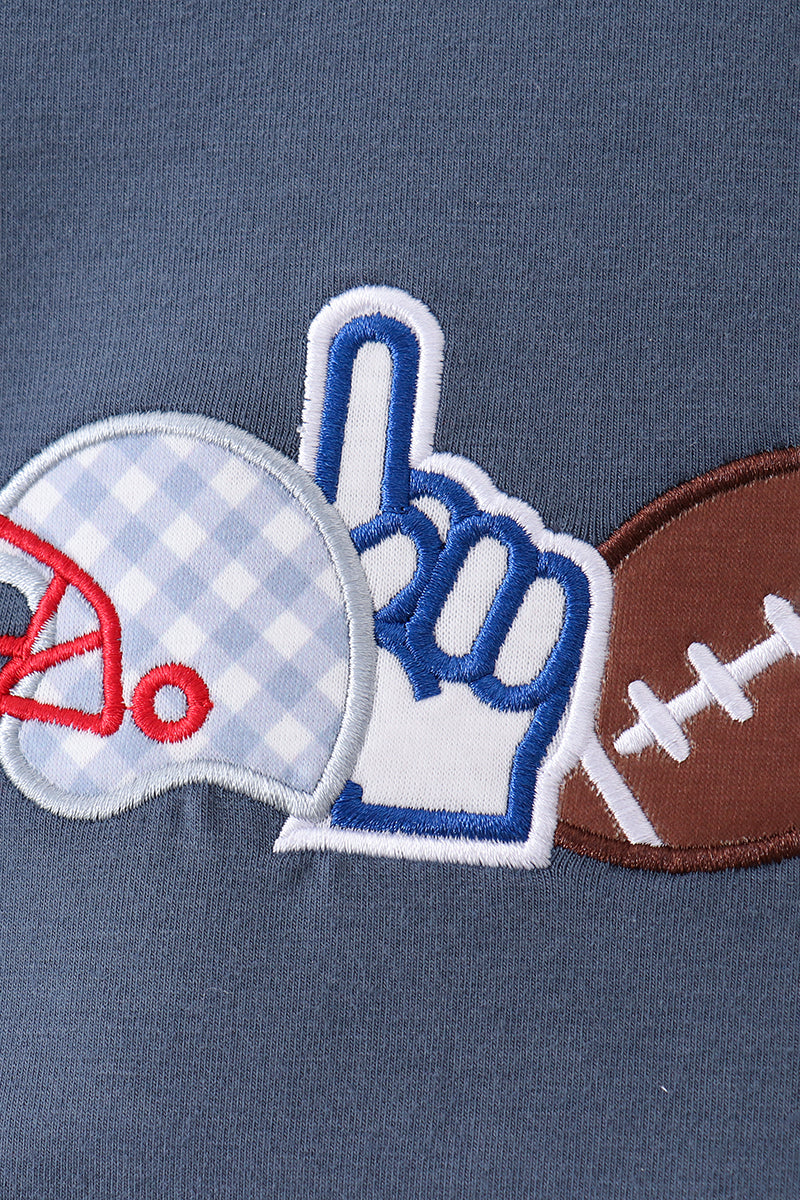 Blue football applique gingham shorts set