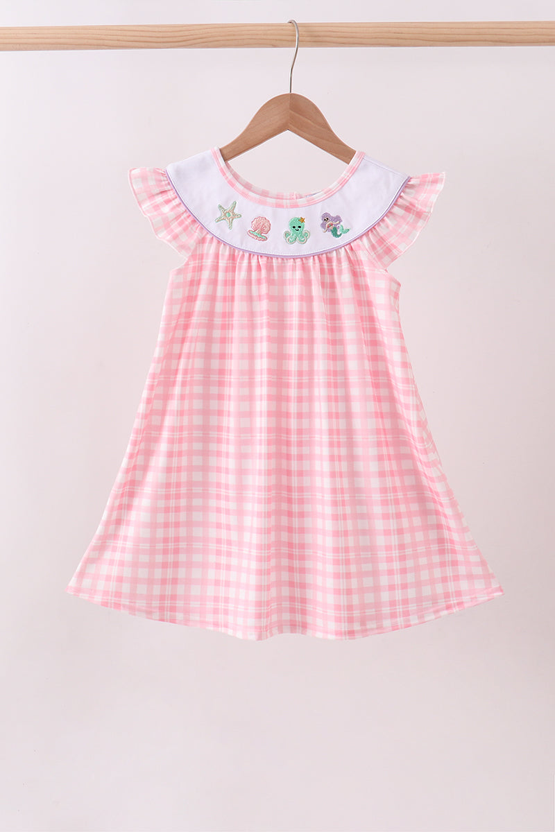 Pink octopus starfish embroidery plaid ruffle dress