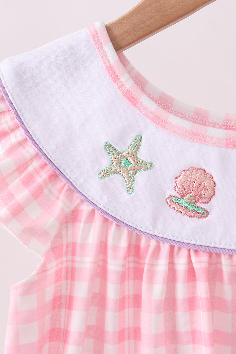 Pink octopus starfish embroidery plaid ruffle dress