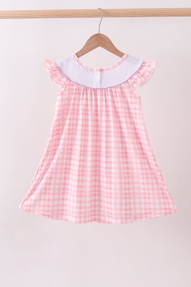 Pink octopus starfish embroidery plaid ruffle dress