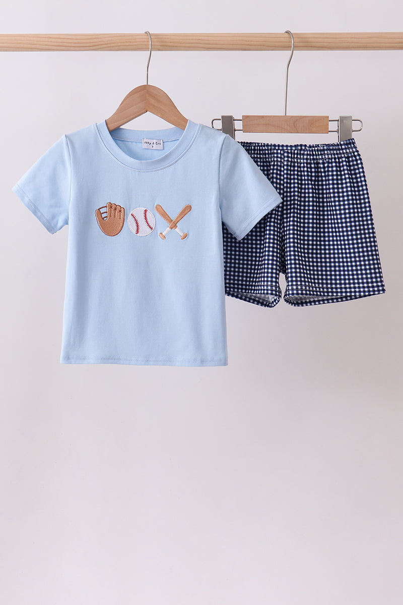Blue baseball applique gingham shorts set