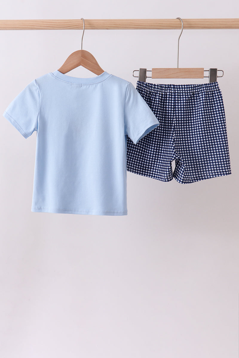 Blue baseball applique gingham shorts set