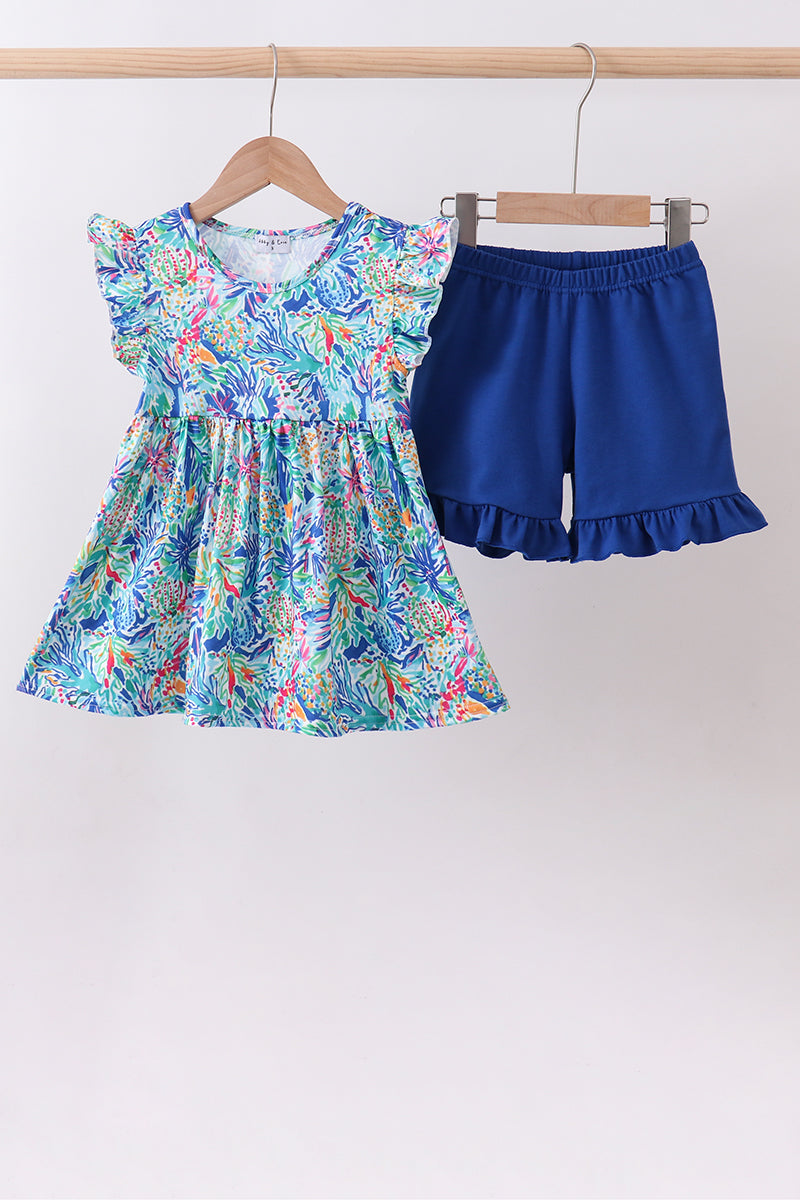 Blue floral print ruffle shorts set