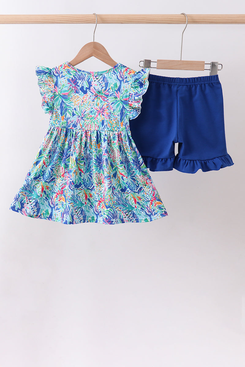 Blue floral print ruffle shorts set