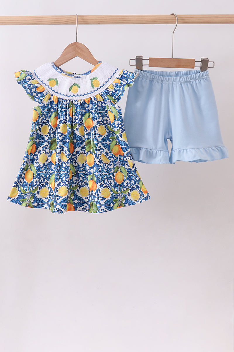Lemon smocked ruffle shorts set
