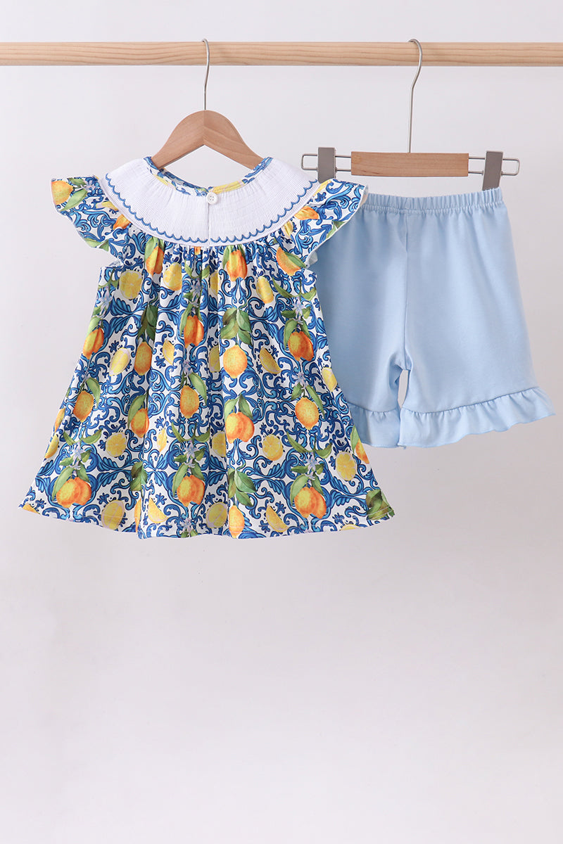 Lemon smocked ruffle shorts set