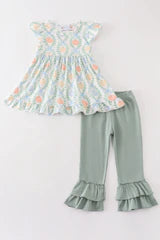 Green Bow Pumpkin Ruffle Pants Set