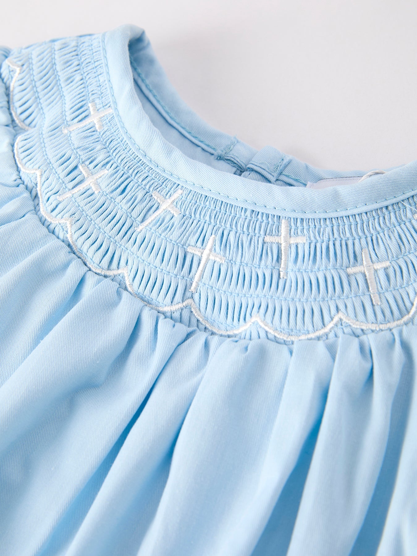 Girls Cross Smocking Embroidered Blue Romper