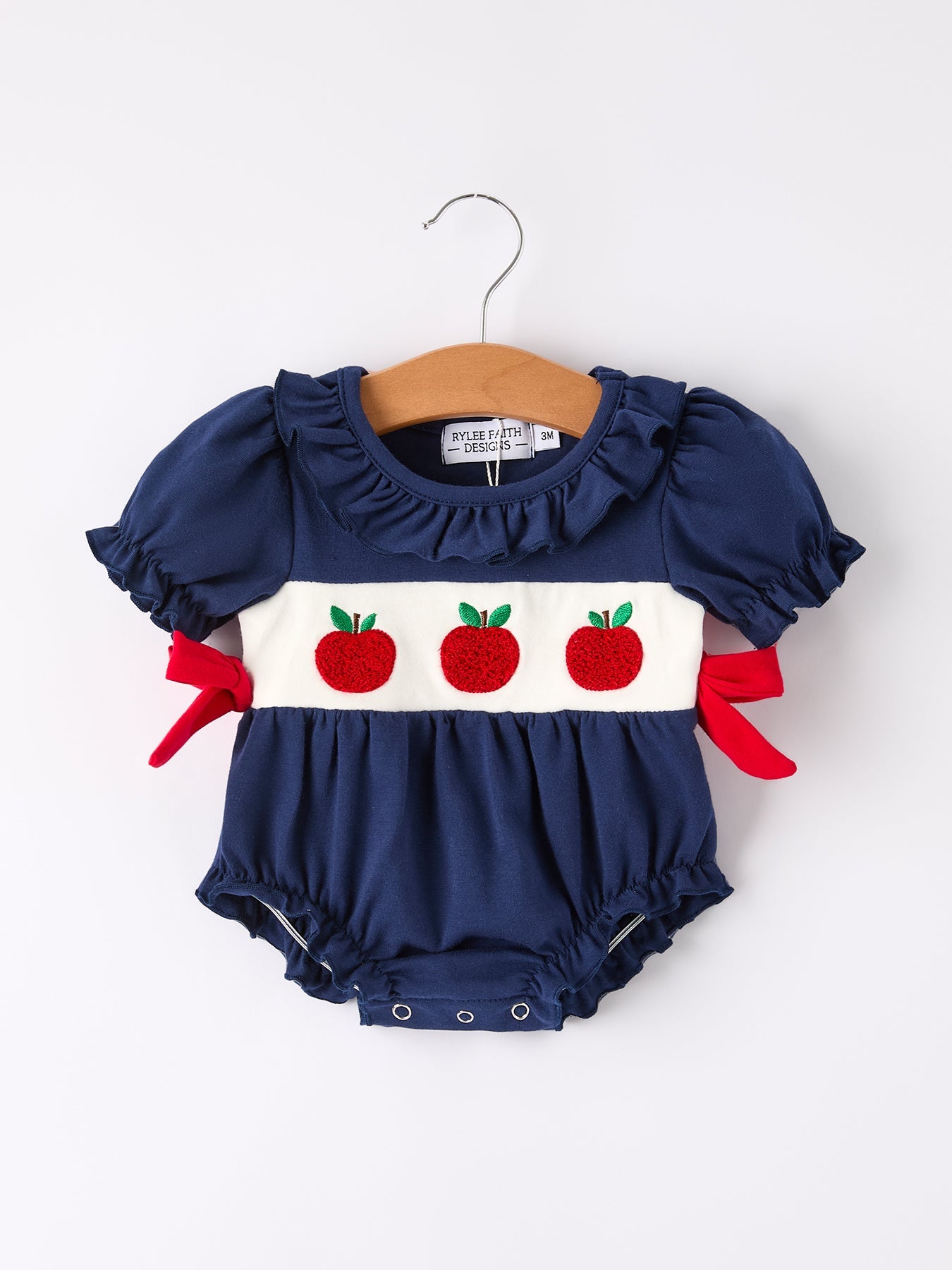 Back-To-School Navy Bow Apple Applique Girls Romper