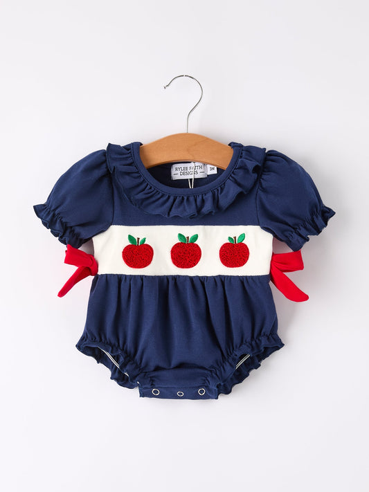 Back-To-School Navy Bow Apple Applique Girls Romper