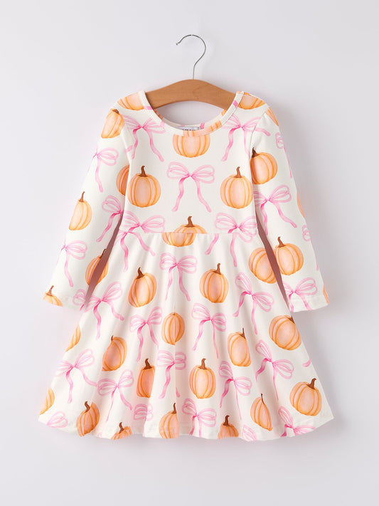 PREORDER Fall Halloween & Thanksgiving Pumpkin Bow Print Long Sleeve Dress