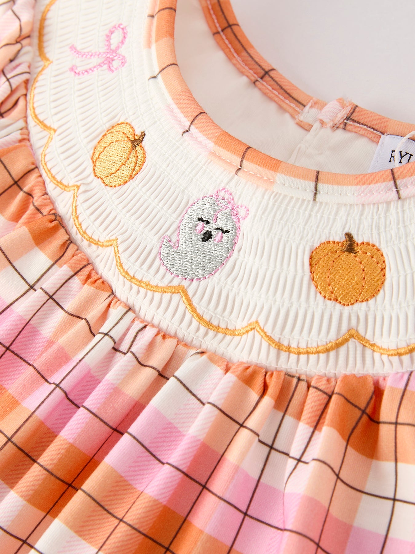 Halloween Pumpkin Bow Ghost Smock Embroidered Plaid Girls Dress