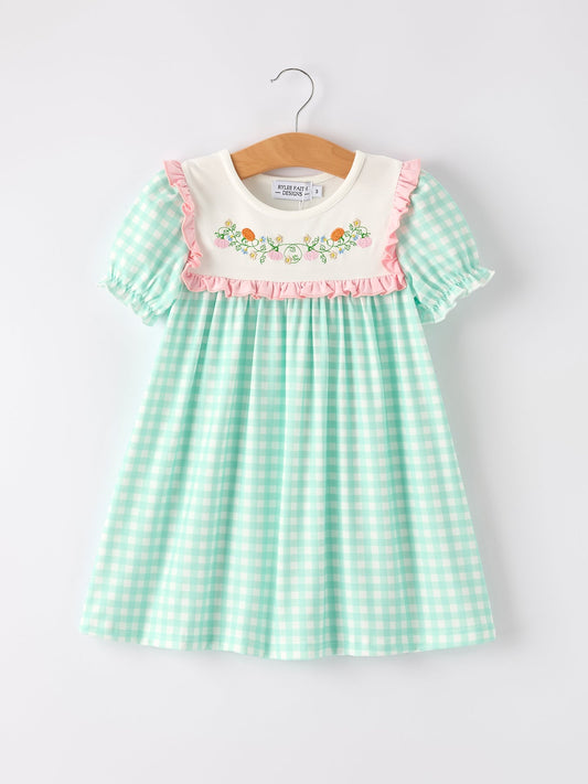 Thanksgiving Day Fall Pumpkin Flowers Embroidered Check Girls Dress