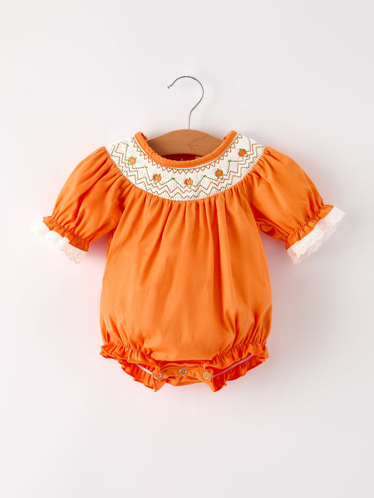 Fall Thanksgiving & Halloween Orange Pumpkin Smock Embroidery Lace Baby Girl Romper