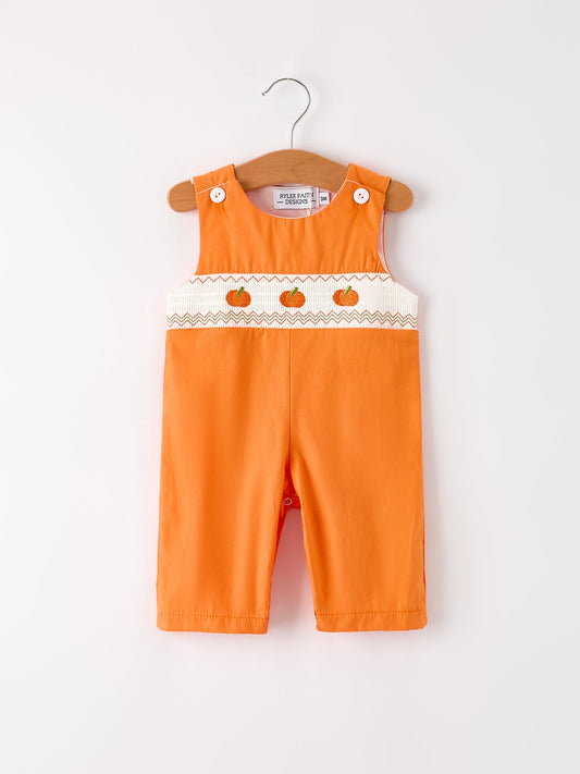 Fall Thanksgiving & Halloween Orange Pumpkin Smock Embroidery Baby Boy Romper