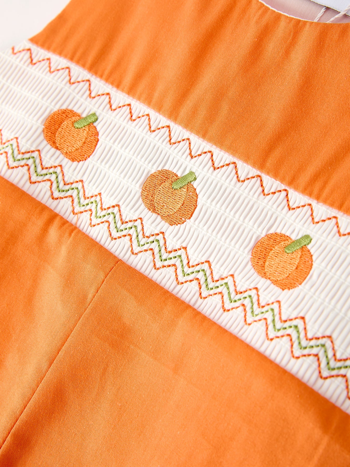Fall Thanksgiving & Halloween Orange Pumpkin Smock Embroidery Baby Boy Romper